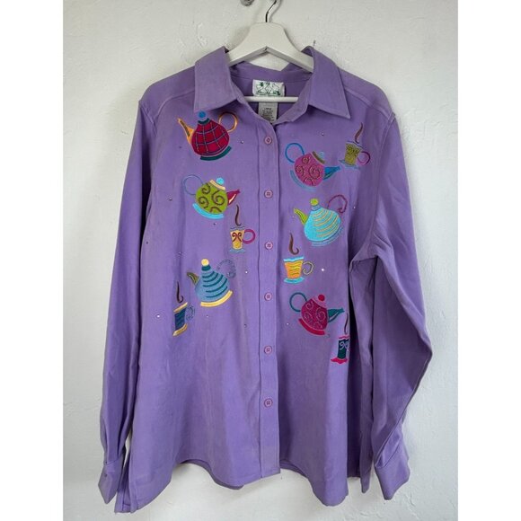 The Quacker Factory Women's Embroidered Tea Party Shirt Purple Size Large NWT - Picture 1 of 8